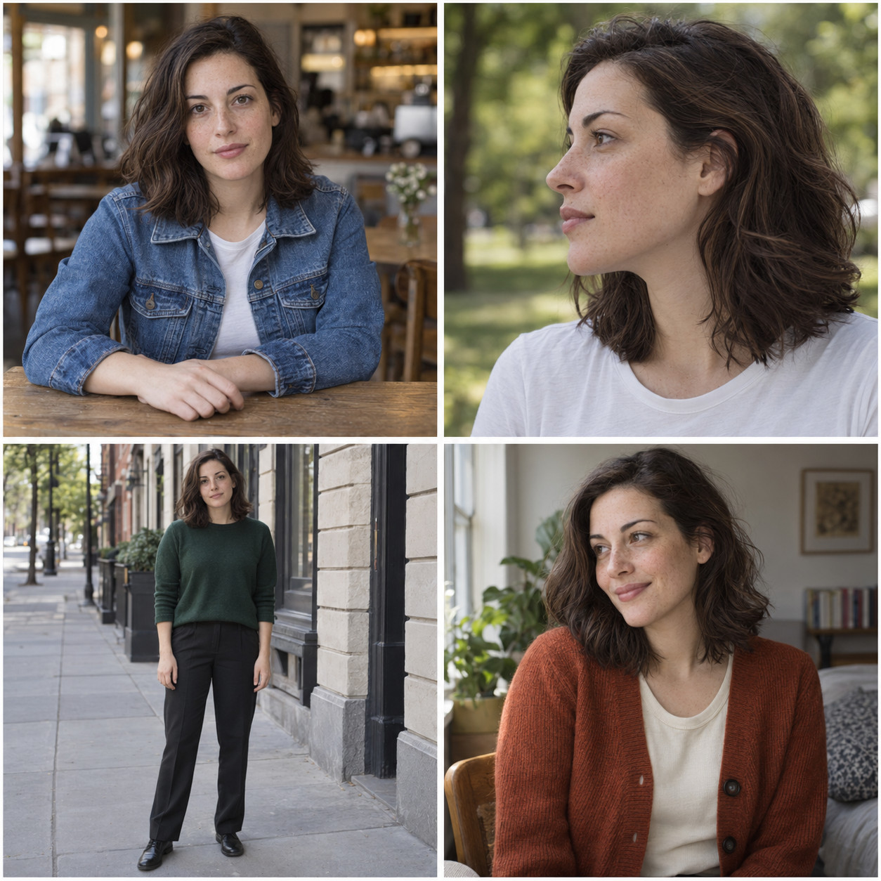 Character LoRA dataset captioning examples showing the same woman in four outfits and scenes