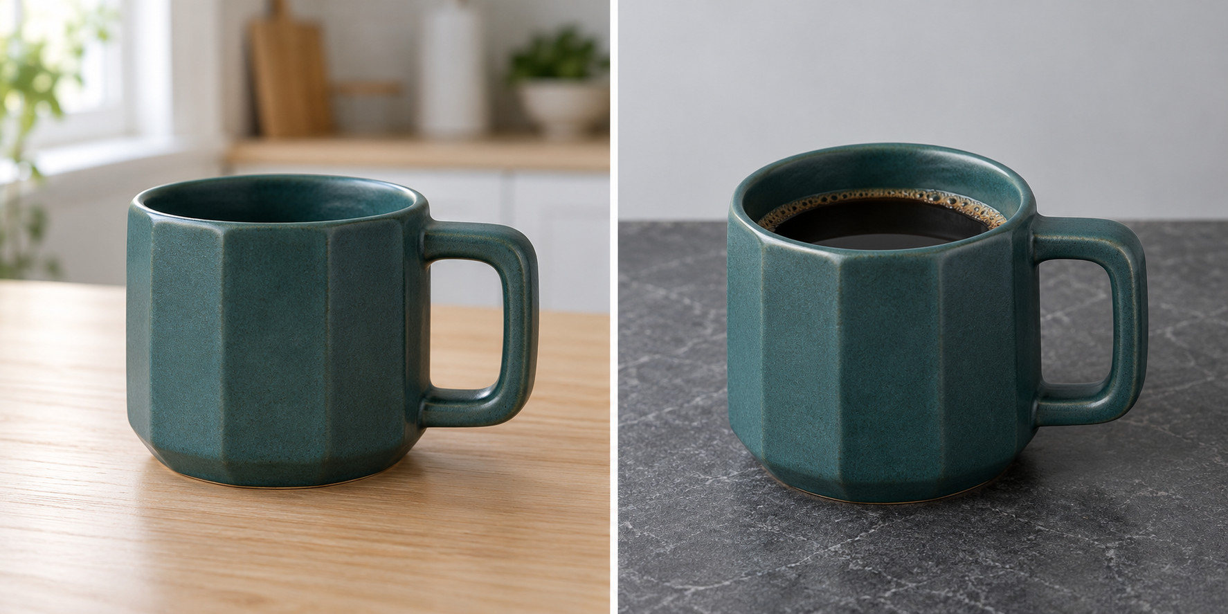 Product LoRA dataset captioning examples showing the same ceramic mug in two settings