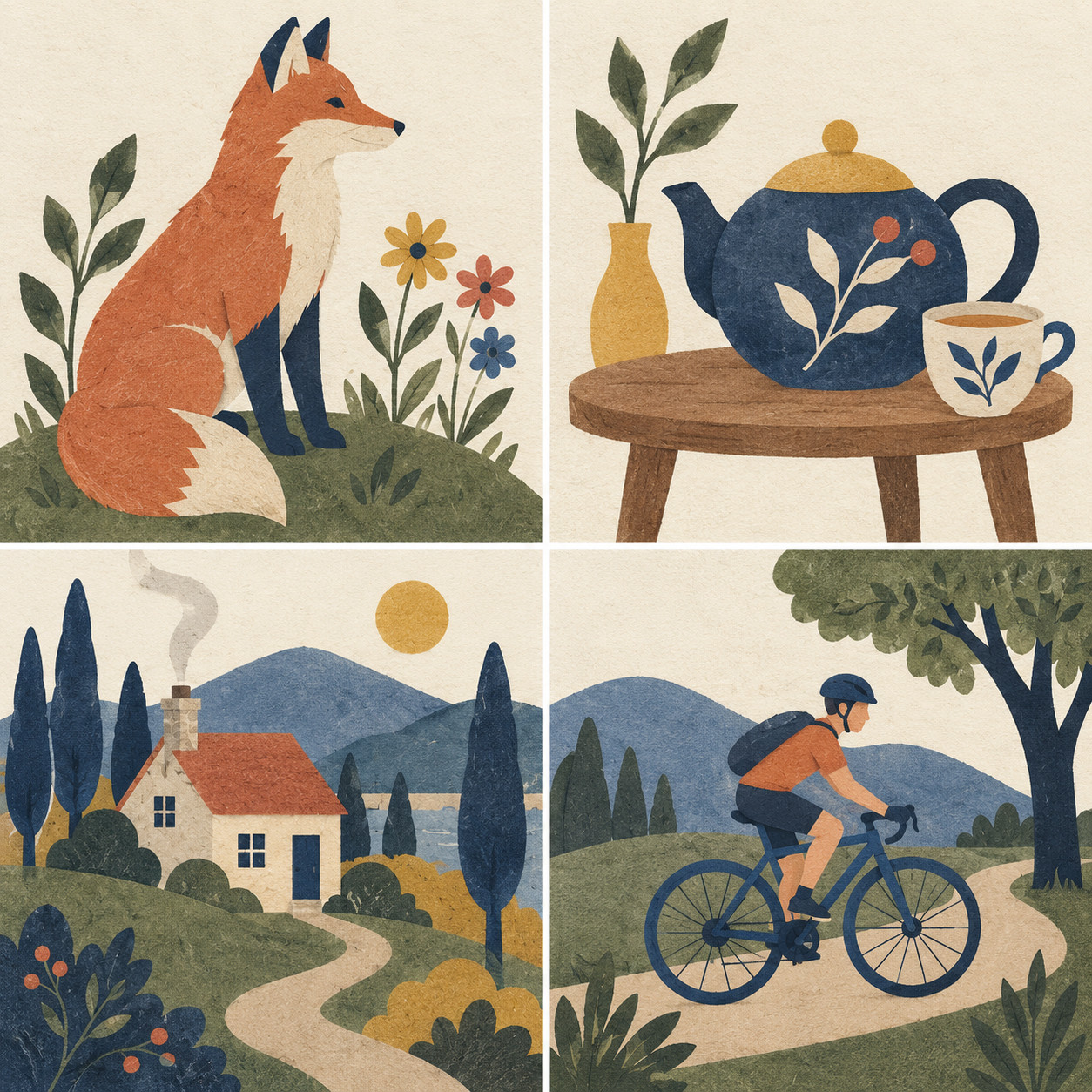 Style LoRA dataset examples with a fox, teapot, cottage and cyclist sharing one visual style